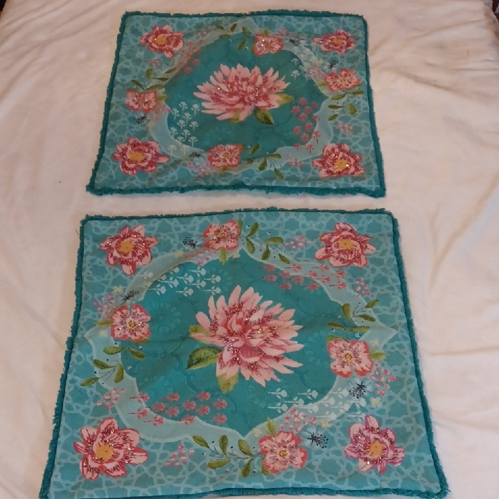 Bella Vita  Floral Beaded  Teal Pillow  Covers 2 18x18